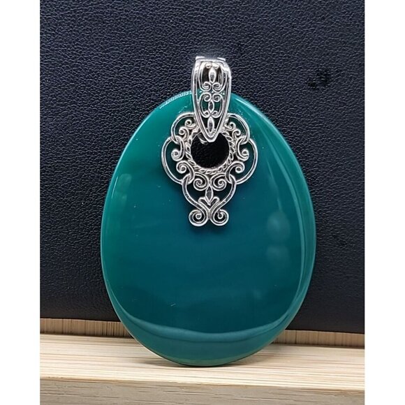 ATR Sterling Silver Green Onyx Pendant Oval Gemstone Signed 925 - Picture 5 of 12